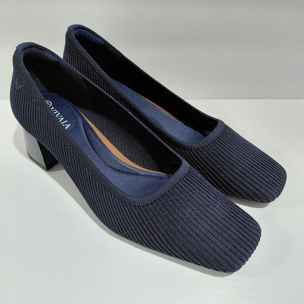 Textured Navy Knit Block Heel Pumps from Vivaia
